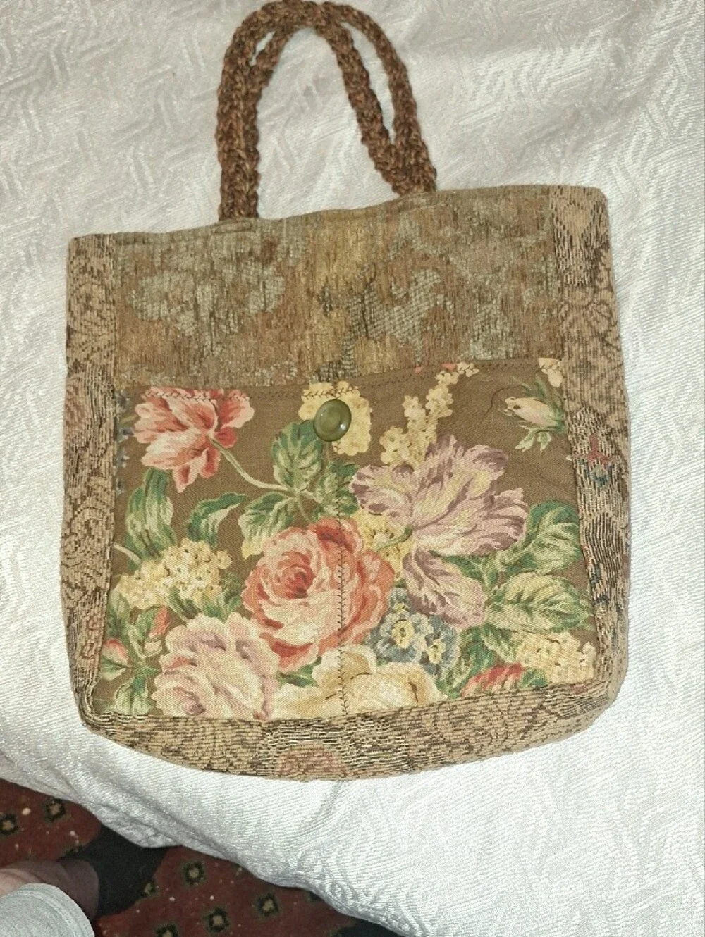 Floral Patchwork Tote Bag in Brown . HANDMADE, solf Feel , Like Sofa Material.
